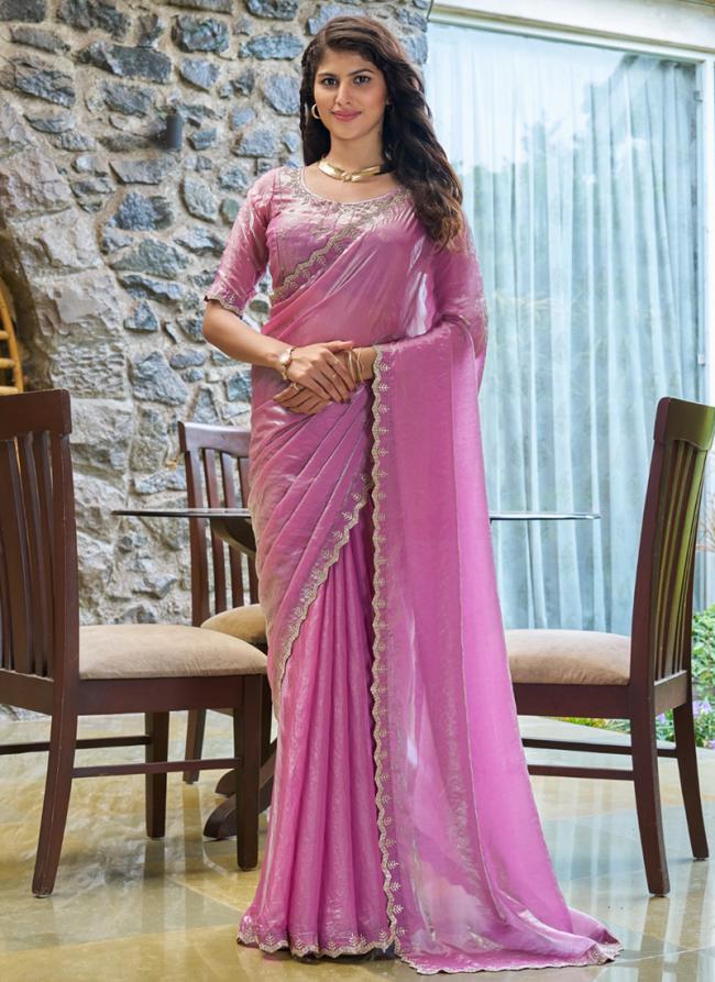 Sattin Silk Pink Wedding Wear Hand Work Saree